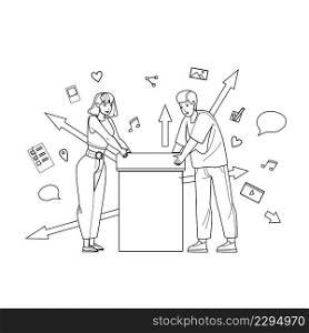 Cross Posting Social Media Marketing Smm Black Line Pencil Drawing Vector. Man And Woman Electronics Technology Users Cross Posting Internet Business Occupation. Characters Post Promotion Illustration. Cross Posting Social Media Marketing Smm Vector