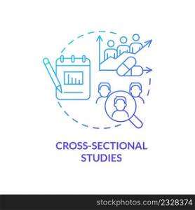 Cross-sectional studies blue gradient concept icon. Scientific experiment. Clinical trials type abstract idea thin line illustration. Isolated outline drawing. Myriad Pro-Bold font used. Cross-sectional studies blue gradient concept icon