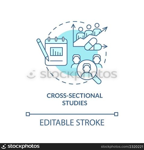 Cross-sectional studies turquoise concept icon. Clinical trials type abstract idea thin line illustration. Isolated outline drawing. Editable stroke. Arial, Myriad Pro-Bold fonts used. Cross-sectional studies turquoise concept icon