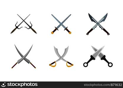 Cross sword icon set. Flat set of cross sword vector icons for web design isolated on white background. Cross sword icon set, flat style