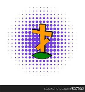 Cross tombstone icon in comics style on a white background. Cross tombstone icon, comics style