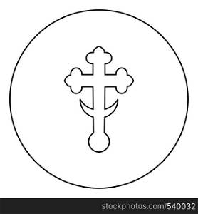 Cross trefoil shamrock on church cupola domical with half-moon Cross monogram Religious cross icon in circle round outline black color vector illustration flat style simple image