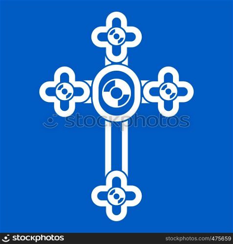 Cross with diamonds icon white isolated on blue background vector illustration. Cross with diamonds icon white