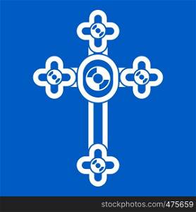 Cross with diamonds icon white isolated on blue background vector illustration. Cross with diamonds icon white