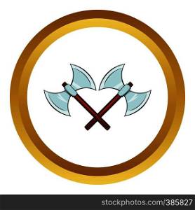 Crossed ancient battle double axes vector icon in golden circle, cartoon style isolated on white background. Crossed double axes vector icon, cartoon style