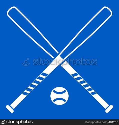 Crossed baseball bats and ball icon white isolated on blue background vector illustration. Crossed baseball bats and ball icon white