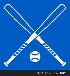 Crossed baseball bats and ball icon white isolated on blue background vector illustration. Crossed baseball bats and ball icon white