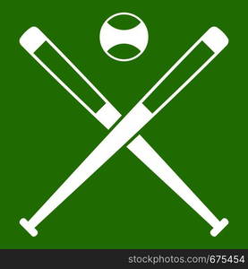 Crossed baseball bats and ball icon white isolated on green background. Vector illustration. Crossed baseball bats and ball icon green