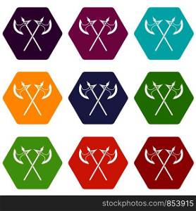 Crossed battle axes icon set many color hexahedron isolated on white vector illustration. Crossed battle axes icon set color hexahedron