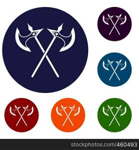 Crossed battle axes icons set in flat circle reb, blue and green color for web. Crossed battle axes icons set