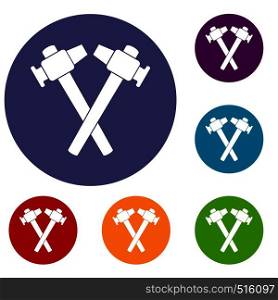 Crossed blacksmith hammer icons set in flat circle red, blue and green color for web. Crossed blacksmith hammer icons set