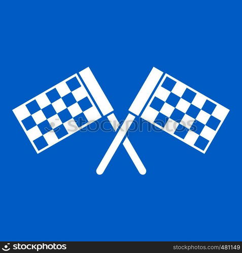 Crossed chequered flags icon white isolated on blue background vector illustration. Crossed chequered flags icon white