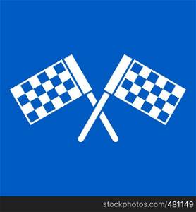 Crossed chequered flags icon white isolated on blue background vector illustration. Crossed chequered flags icon white