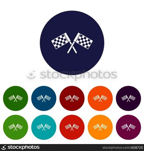 Crossed chequered flags set icons in different colors isolated on white background. Crossed chequered flags set icons