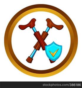 Crossed crutches and sky blue shield with tick vector icon in golden circle, cartoon style isolated on white background. Crossed crutches and sky blue shield vector icon