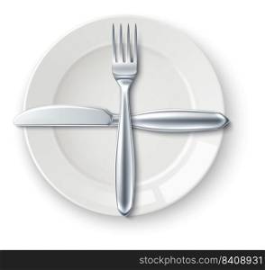 Crossed cutlery on white table. Next dish signal isolated on white background. Crossed cutlery on white table. Next dish signal