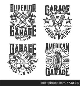 Crossed engine pistons, spark plugs and wrenches t-shirt print template. Car repair service garage station, custom motorcycles mechanic, motorsport racing apparel vector print with vehicle spare parts. Spare plugs, pistons and wheel t-shirt prints