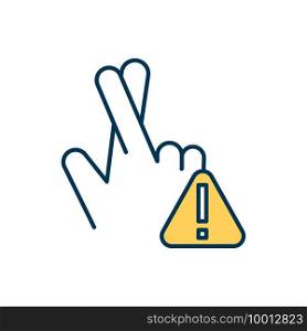 Crossed fingers RGB color icon. Making vow, promise, oath. Honesty in relationship. Hand gesture. Wishing for luck. Precaution against telling lie. Being totally honest. Isolated vector illustration. Crossed fingers RGB color icon