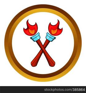 Crossed flaming torches vector icon in golden circle, cartoon style isolated on white background. Crossed flaming torches vector icon, cartoon style