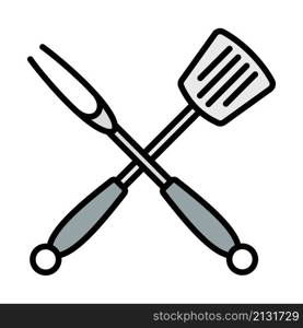 Crossed Frying Spatula And Fork Icon. Editable Bold Outline With Color Fill Design. Vector Illustration.