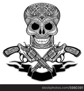 Crossed Guns With Ornaments Ribbon And Skull. Hand drawn black crossed guns with ornaments ribbon and skull on white background vector illustration