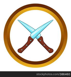 Crossed kitchen knifes vector icon in golden circle, cartoon style isolated on white background. Crossed kitchen knifes vector icon