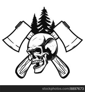 Crossed lumberjack axes with skull. Design element for logo, emblem, sign, poster, t shirt. Vector illustration