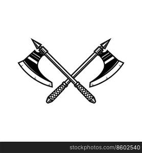 Crossed medieval axe. Design element for label, badge, sign. Vector illustration