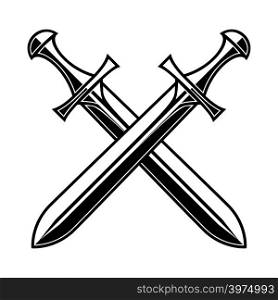 Crossed medieval swords on white background. Design element for logo, label, emblem, sign, poster, t shirt. Vector illustration