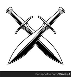 Crossed medieval swords on white background. Design element for logo, label, emblem, sign, poster, t shirt. Vector illustration