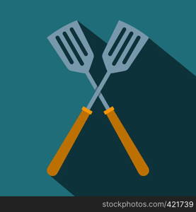 Crossed metal spatulas icon. Flat illustration of crossed metal spatulas vector icon for web isolated on baby blue background. Crossed metal spatulas icon, flat style