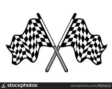 Crossed pair of black and white motor sport checkered flags waving in the breeze, isolated on white