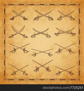 Crossed pirate sabers, swords and epees sketch, vector ancient map elements. Pirate buccaneer or corsair sabers and nautical cutlass in vintage engraving sketch for pirates treasure map. Crossed pirate sabers, swords and epees sketch