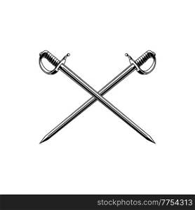 Crossed pirate sabers, swords, epees vector icon. Vintage military weapon cross, cold steel arms design elements, monochrome musketeer skewers isolated on white background. Crossed pirate sabers, swords, epees vector icon