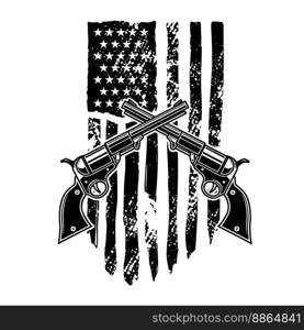 Crossed revolvers on american flag background. Design element for logo, emblem, sign, poster, t shirt. Vector illustration