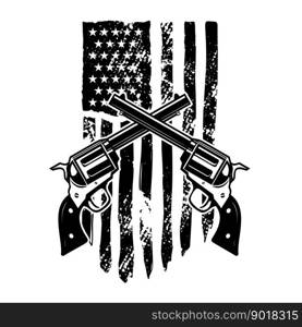 Crossed revolvers on american flag background. Design element for logo, emblem, sign, poster, t shirt. Vector illustration