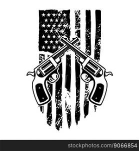 Crossed revolvers on american flag background. Design element for logo, emblem, sign, poster, t shirt. Vector illustration