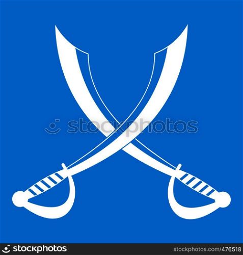 Crossed sabers icon white isolated on blue background vector illustration. Crossed sabers icon white