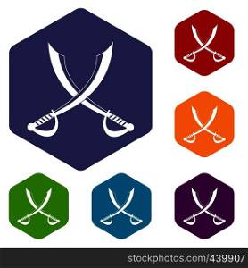 Crossed sabers icons set hexagon isolated vector illustration. Crossed sabers icons set hexagon
