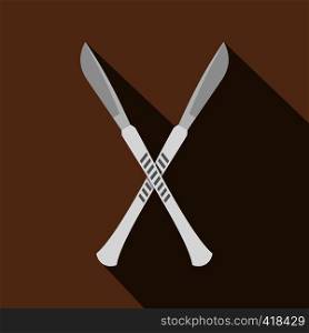 Crossed scalpels icon. Flat illustration of crossed scalpels vector icon for web isolated on coffee background. Crossed scalpels icon, flat style