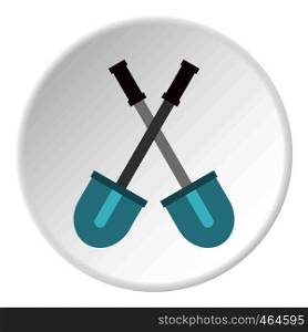 Crossed shovels icon in flat circle isolated vector illustration for web. Crossed shovels icon circle