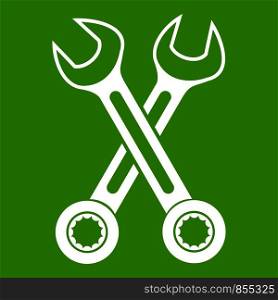 Crossed spanners icon white isolated on green background. Vector illustration. Crossed spanners icon green