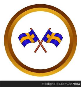 Crossed swedish flags vector icon in golden circle, cartoon style isolated on white background. Crossed swedish flags vector icon
