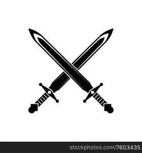 Crossed swords isolated heraldry symbols. Vector measured broadswords, start or stop of fight sign. Measured swords, crossed knights weapon