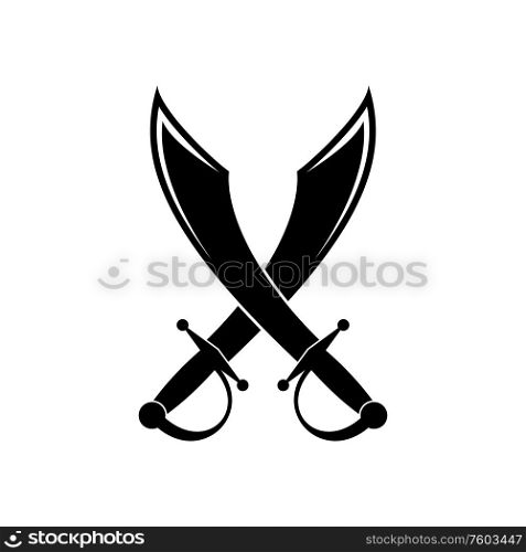 Crossed swords isolated icon. Vector machete sabres, black warrior fighting weapons with sharp blades. Machete sabres isolated crossed swords