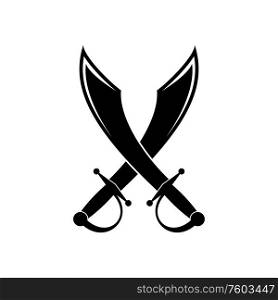 Crossed swords isolated icon. Vector machete sabres, black warrior fighting weapons with sharp blades. Machete sabres isolated crossed swords