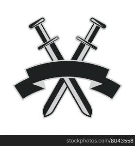 crossed swords with text ribbon flat abstract vector illustration isolated on white