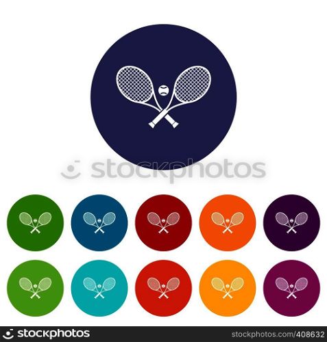 Crossed tennis rackets and ball set icons in different colors isolated on white background. Crossed tennis rackets and ball set icons