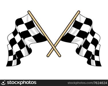 Crossed waving motor sport flags with the traditional black and white pattern fluttering in the breeze, vector illustration isolated on white