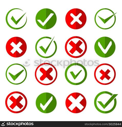 Crosses and ticks signs. Crosses and ticks signs. Green tick and red cross, ok and crossing checkmark vector icons in flat style